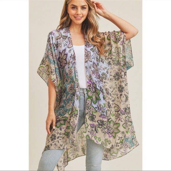 Bohemian Multi Floral Pattern Cardigan Kimono Coverup - Picture 6 of 14